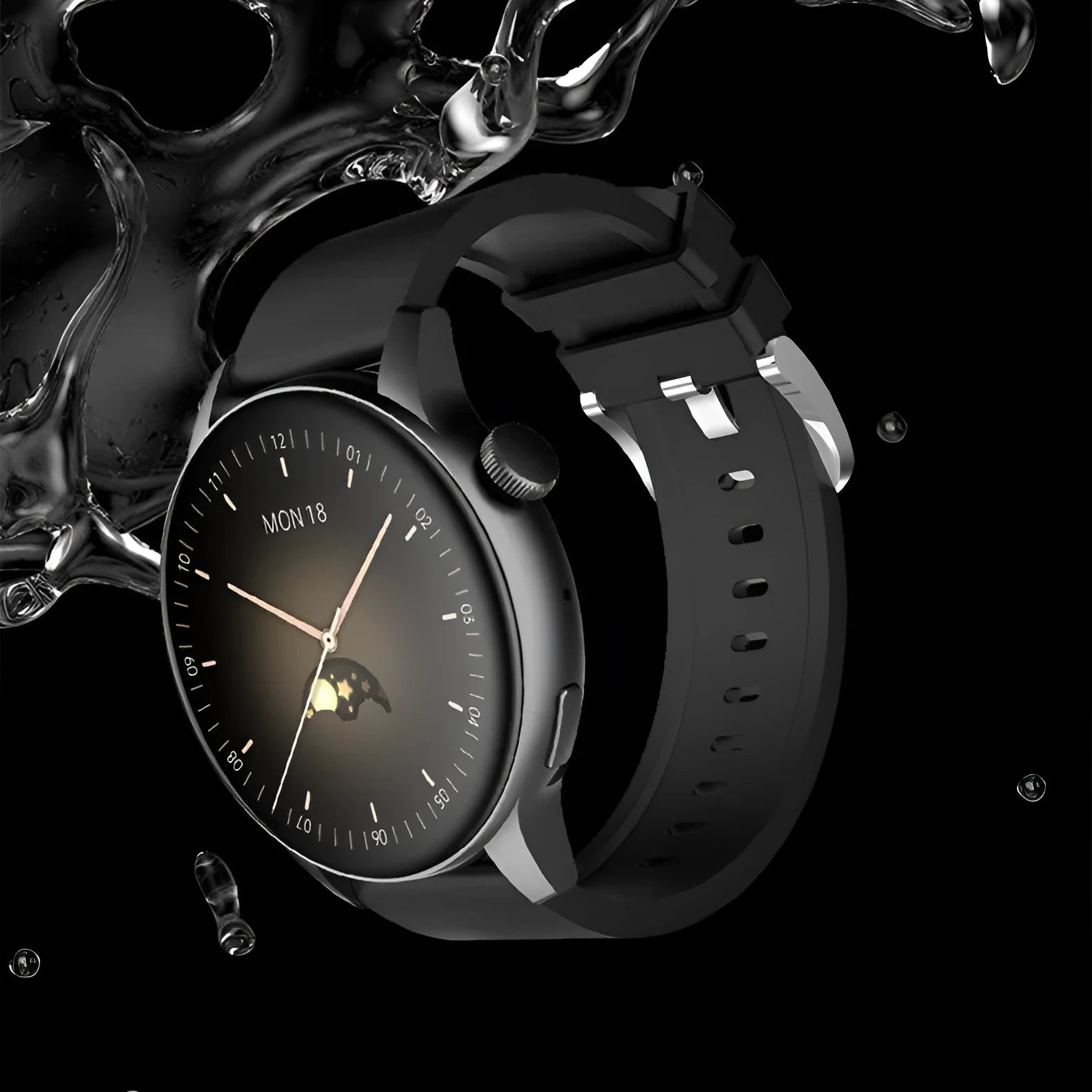 Stainless steel smart watch with a 1.30-inch colour screen in black, pink, or silver.