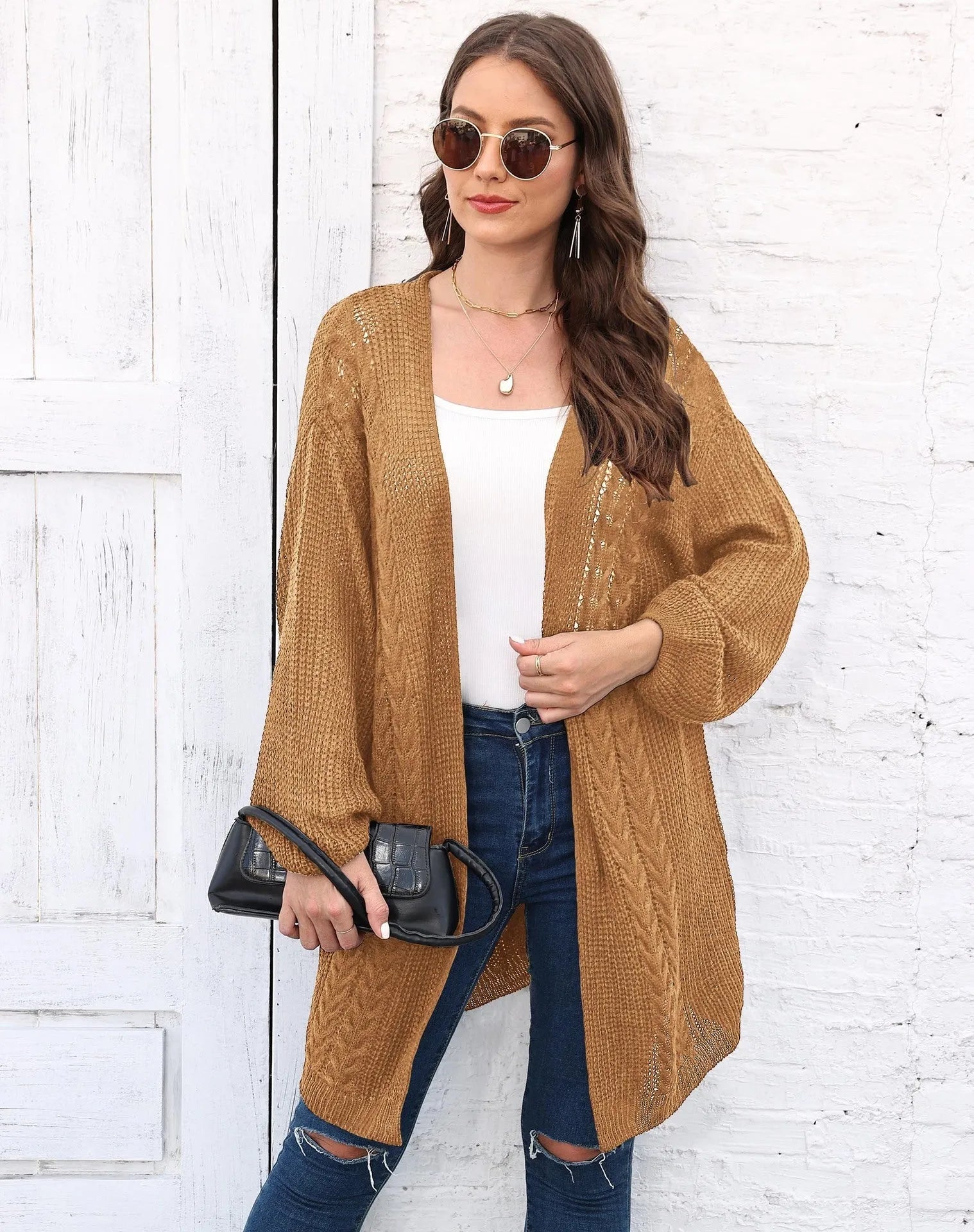 Women's loose acrylic cardigan in free size, shown in solid colour options including army green, black, brown, light grey, and rose red.