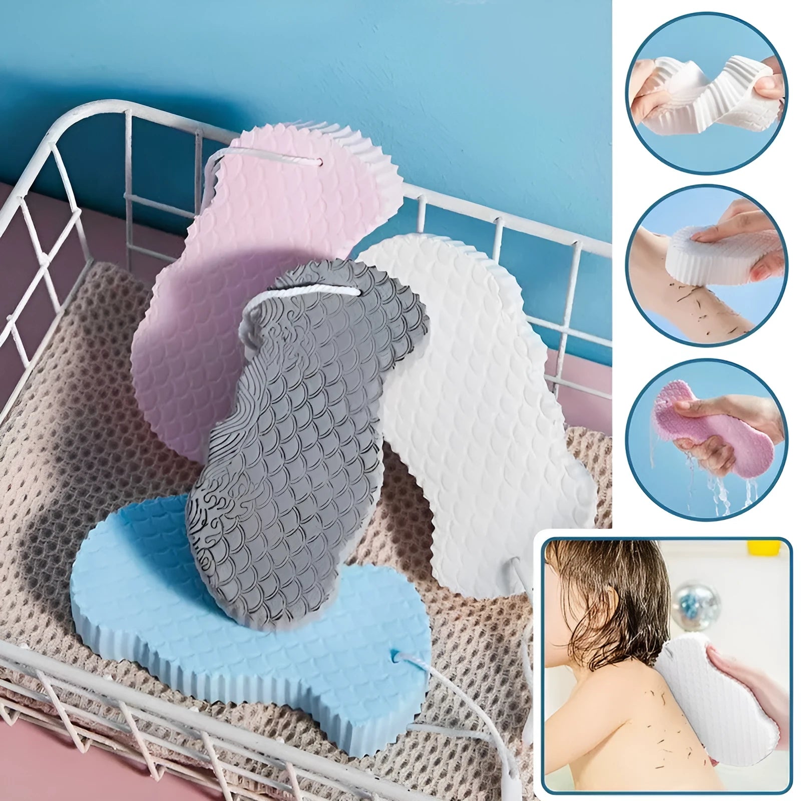 3D bath sponge ball with fish scale texture in white, grey, pink, and light blue colours