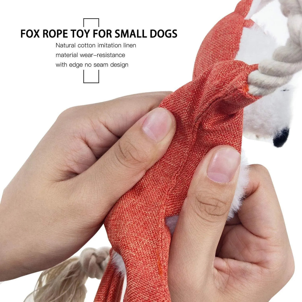 Brown fox-shaped dog toy with squeaker, crinkle paper, cotton rope limbs, and embroidered eyes