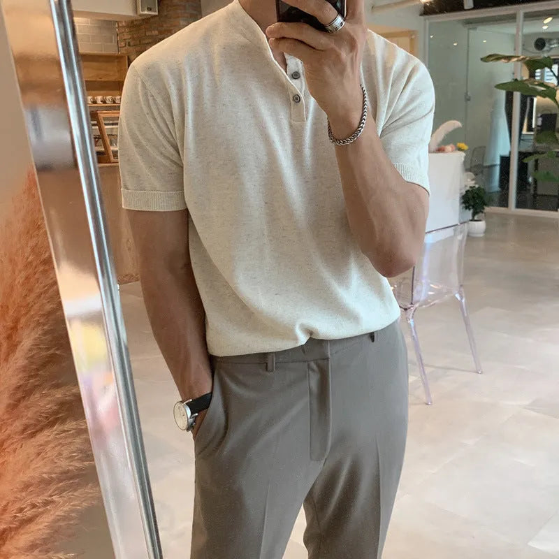 Men's short-sleeved ice silk knitted shirt in slim fit showing black, khaki and white colour options