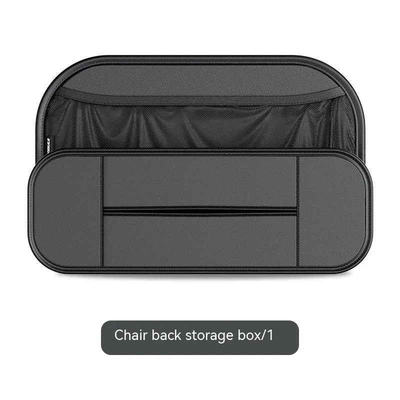 Black leather car seat rear storage bag hanging behind a vehicle seat.