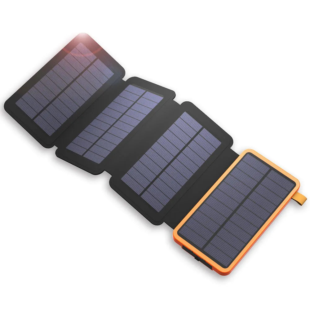 Outdoor solar phone charger in multiple colours showing solar panel, LED light, and leather finish.