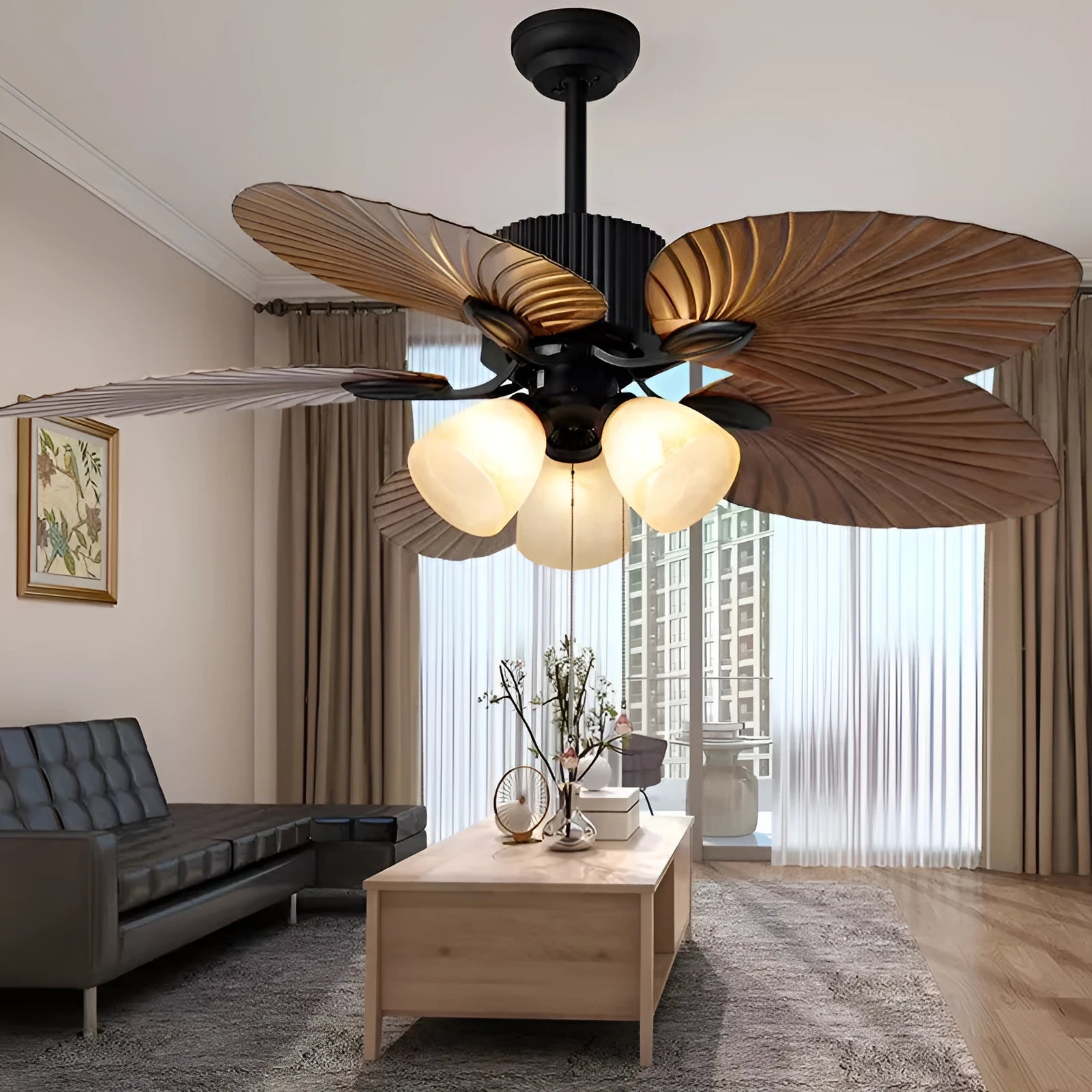 52-inch retro ceiling fan light with rubber leaf blades and integrated lights