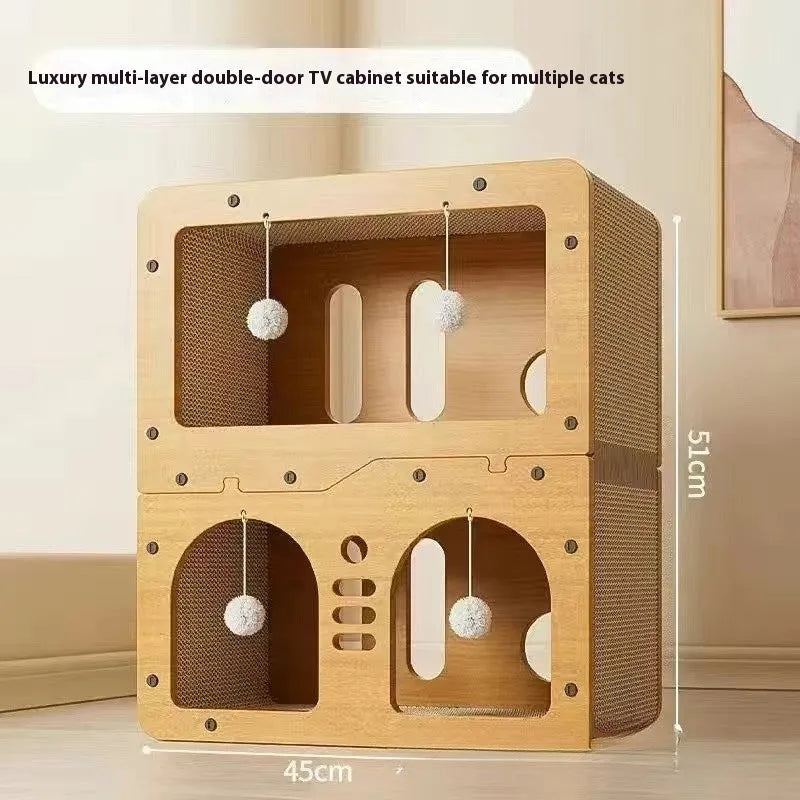 Double layer cat scratching board with integrated nest in cute owl, cat head, or double door designs