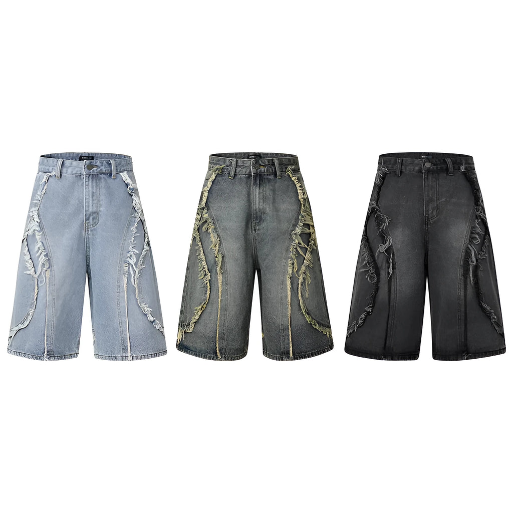Distressed raw edge denim shorts in straight leg cut available in black, dark blue, and light blue colours