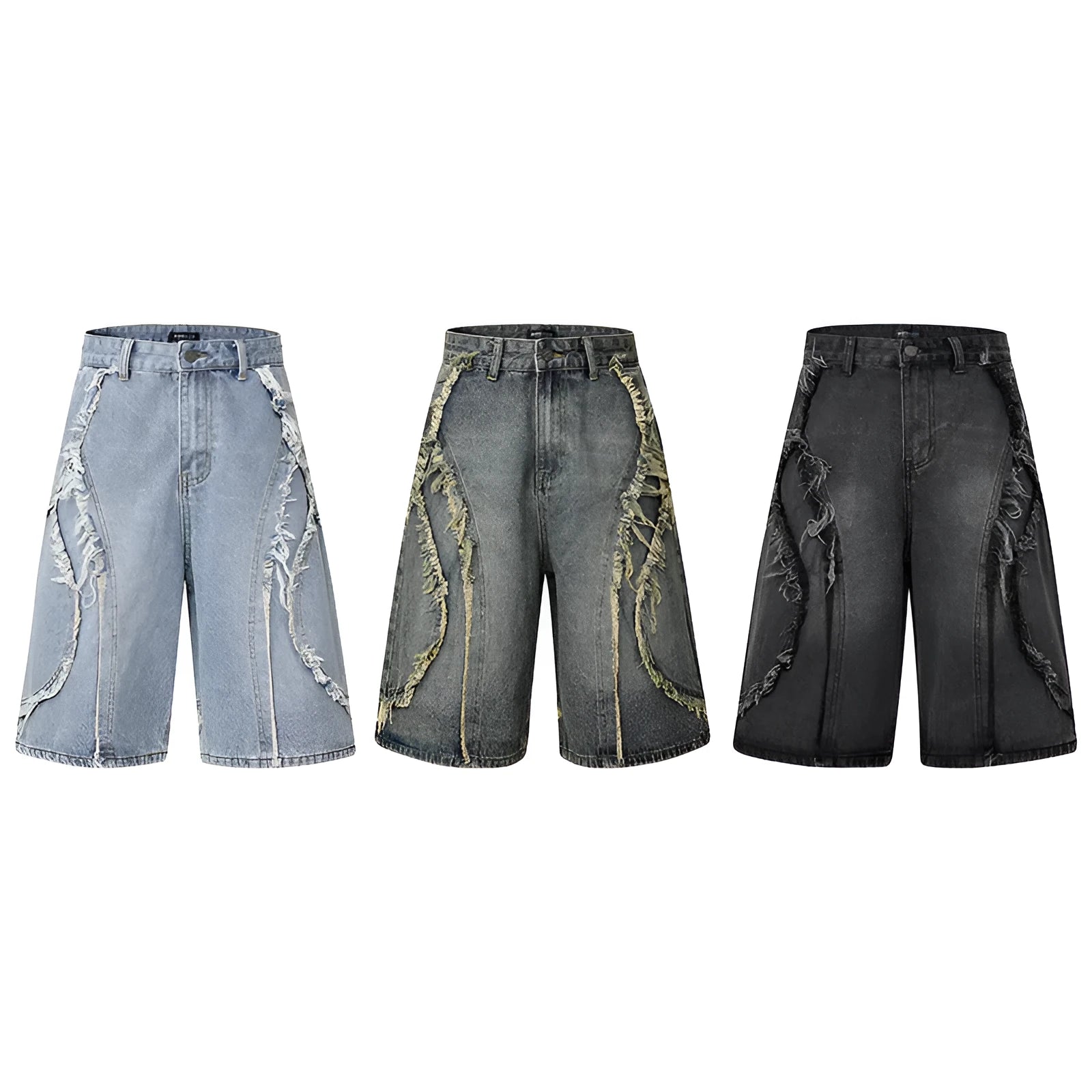 Distressed raw edge denim shorts in straight leg cut available in black, dark blue, and light blue colours