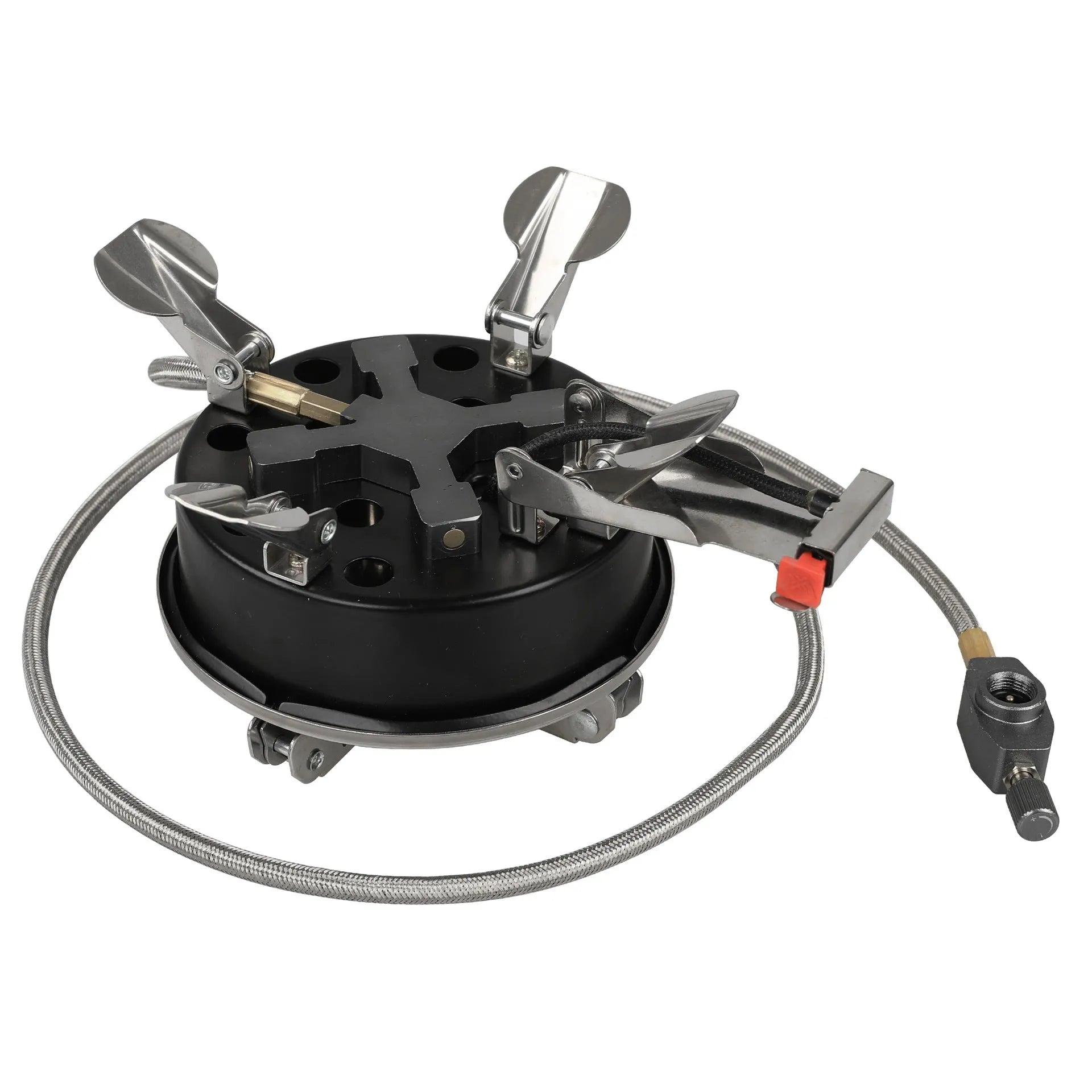 Silver foldable stainless steel split camping stove with a hose, shown with dimensions 155mm by 125mm.