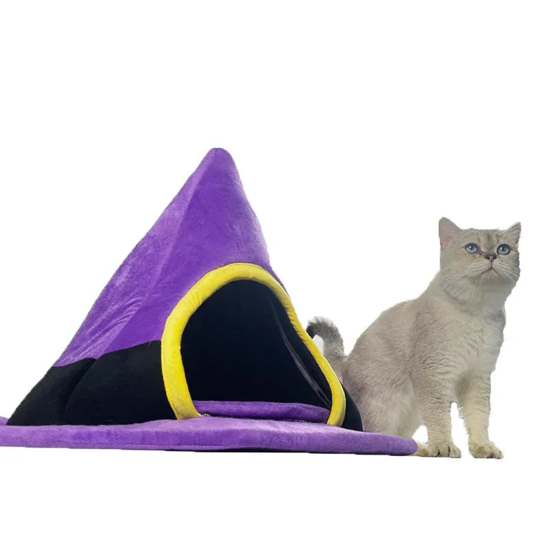 Purple cloth cat nest in Halloween witch hat shape measuring 60x45cm for small pets