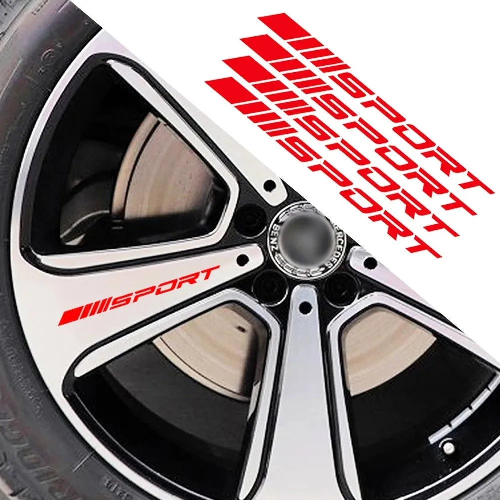 Hollow design red sports car rim sticker on alloy wheel