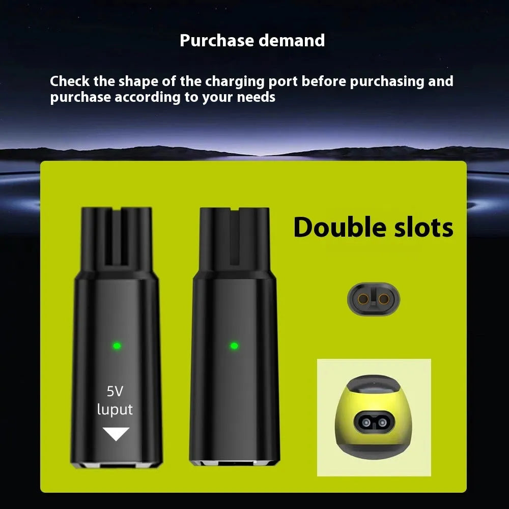 Black and gray aluminium alloy USB C charging adapter for 4.3V electric shavers and hair clippers.