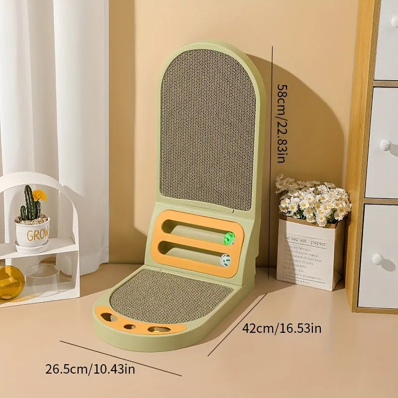 L-Shape vertical cat scratching board with textured jute surface in grey, green, or white colour.
