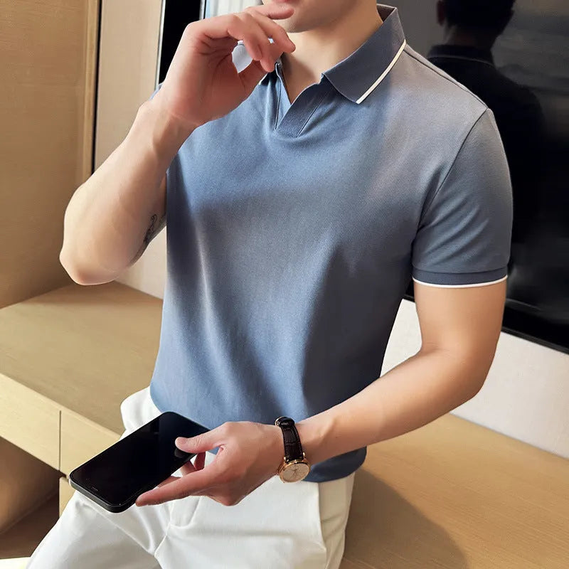Men's short sleeve polo shirt with lapel collar in mercerised pearl cotton, shown in multiple colour options.