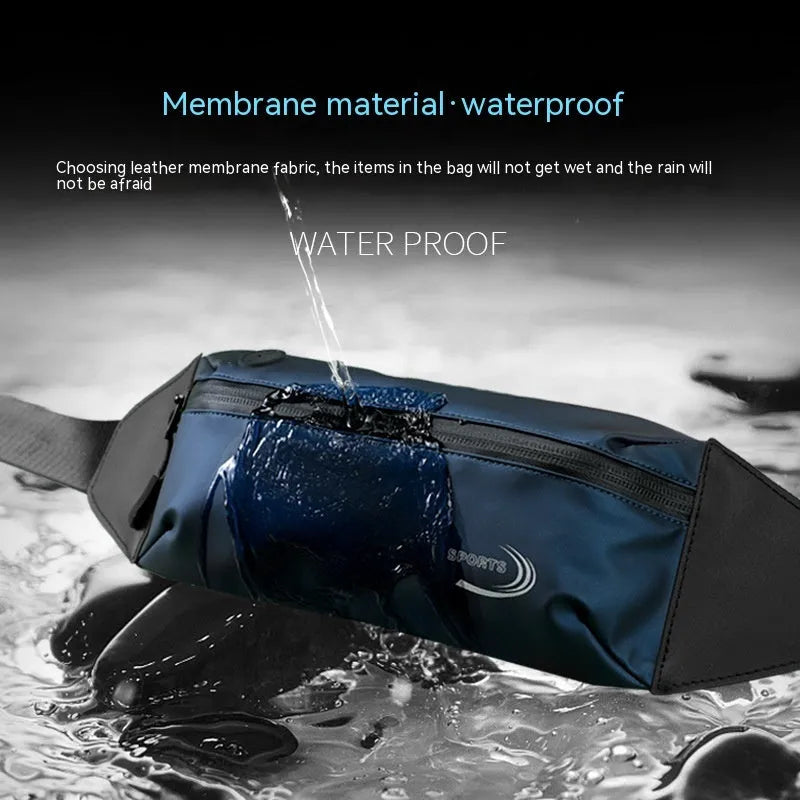 Men's blue waterproof oxford polyester waist bag shown on a manikin, showcasing its compact 45cm size.