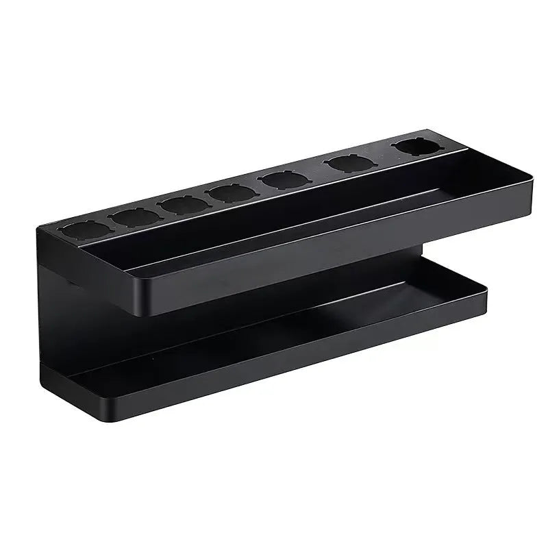 White punch-free Marcel waver shaped bathroom storage rack with two aluminium tiers for hair curler organisation