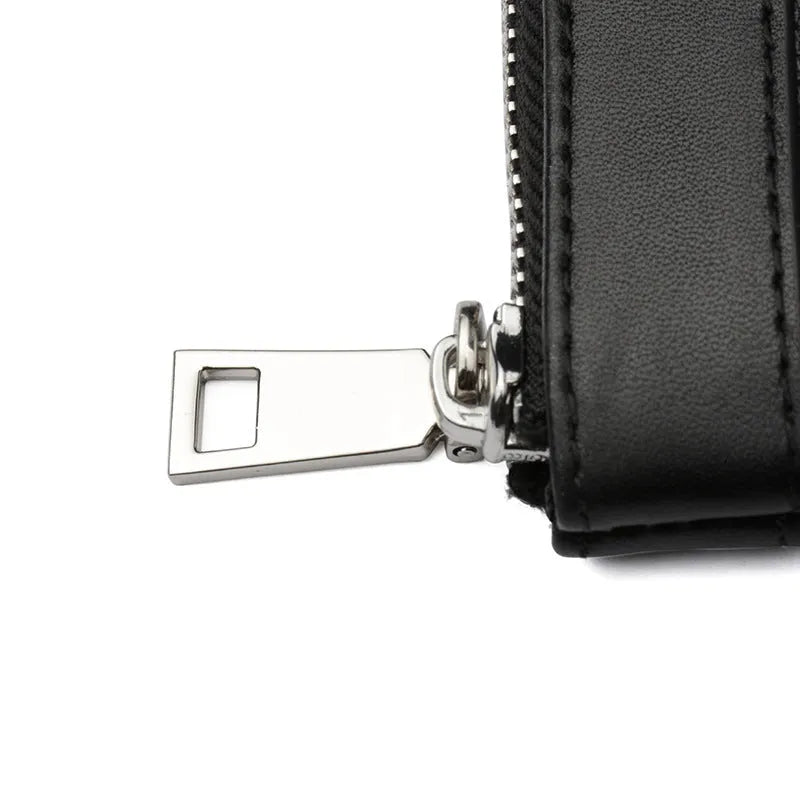 Black men's cowhide leather clutch wallet showing plaid design and 20 x 10 cm dimensions