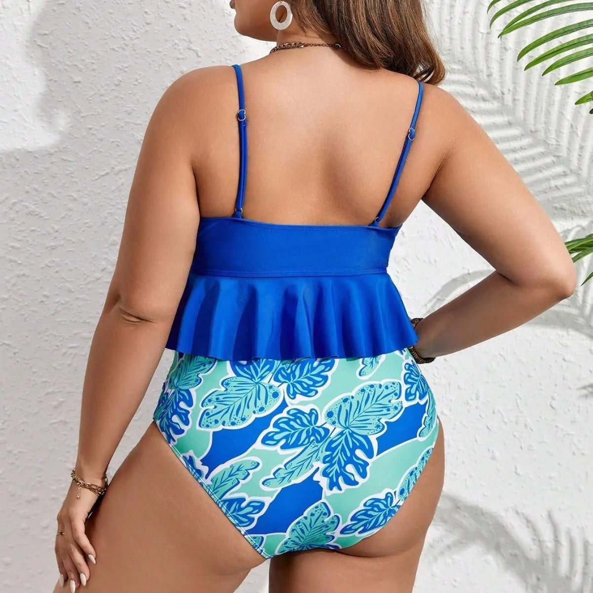 Blue polyester bikini set with separate top and briefs in extended sizes 0XL to 4XL