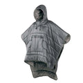 Grey outdoor cloak sleeping bag with hood showing transformation to wearable cape