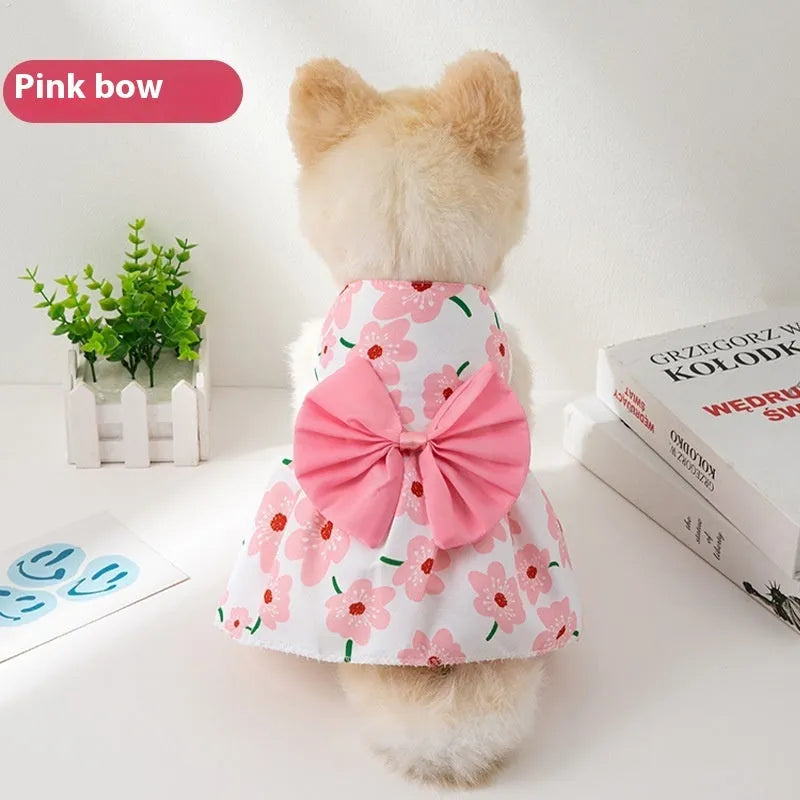 Ultra-thin polyester pet dress with floral butterfly design and adjustable bow knot for dogs and cats