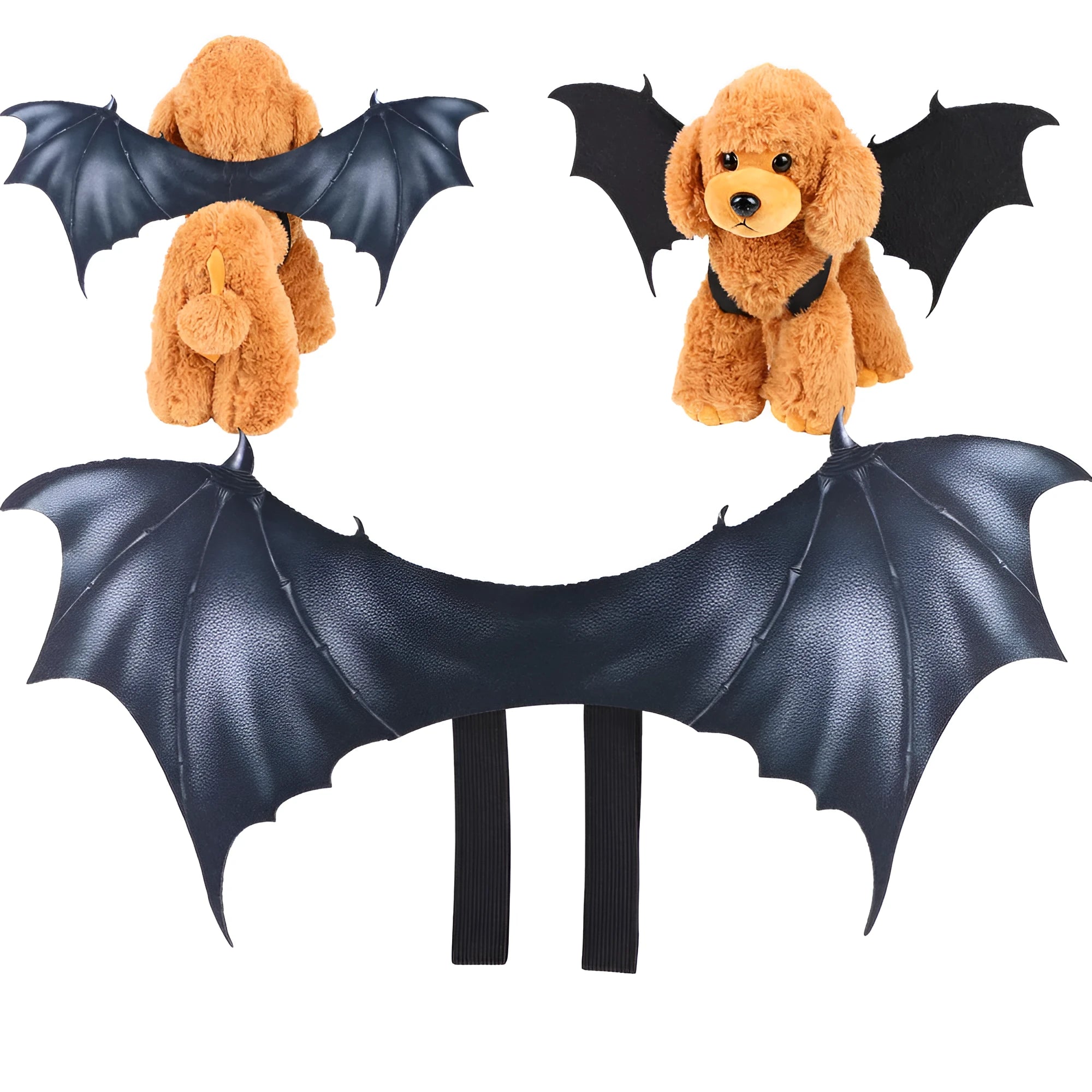 Black cloth bat wings pet costume accessory shown in three sizes for Halloween