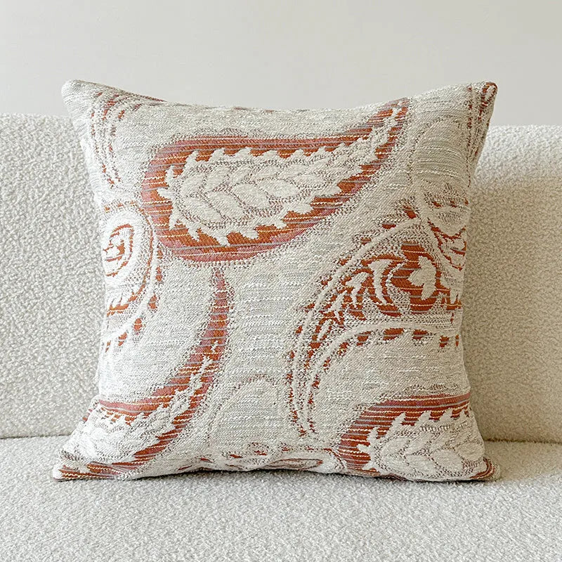 American-style jacquard paisley pillow cover in amber colour showing plant and flower pattern