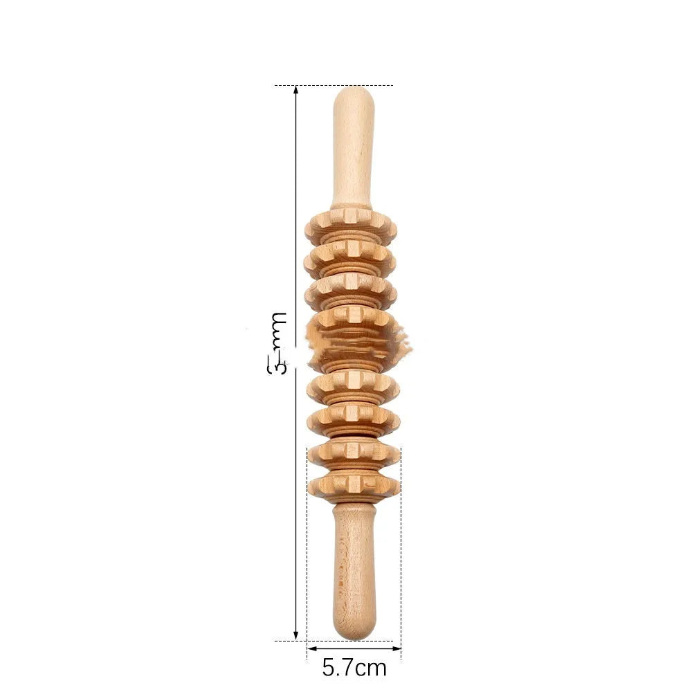 Beech wood massage roller set with T-shaped, straight, curved, and multi-wheel tools for lymphatic drainage