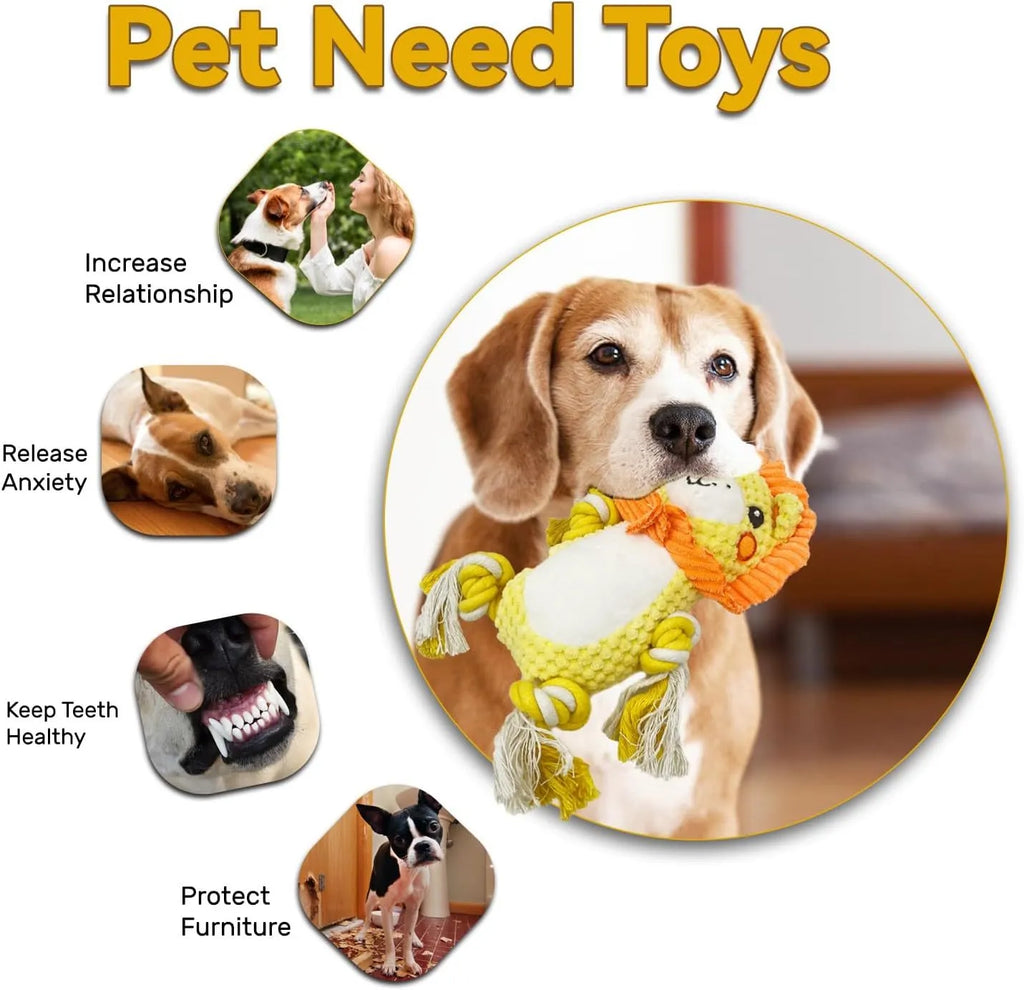 Lion and monkey plush squeaky dog toys showing size difference, with measurement indicators