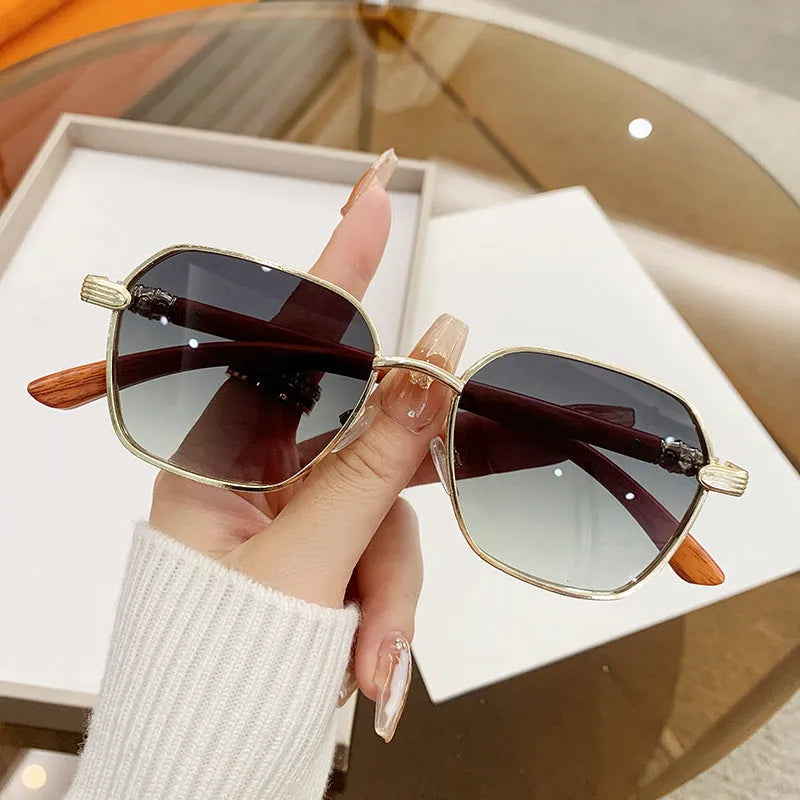 Women's frameless glasses with gold alloy wood grain frame and coloured lenses