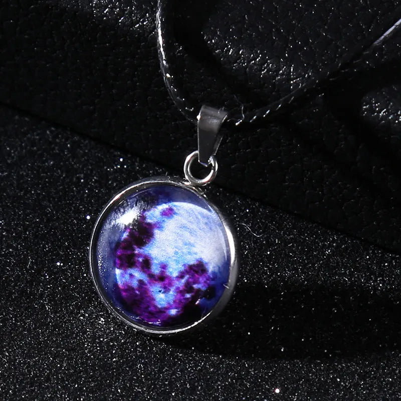 Christmas moon night sky luminous alloy pendant necklace with colourful glass constellation design
