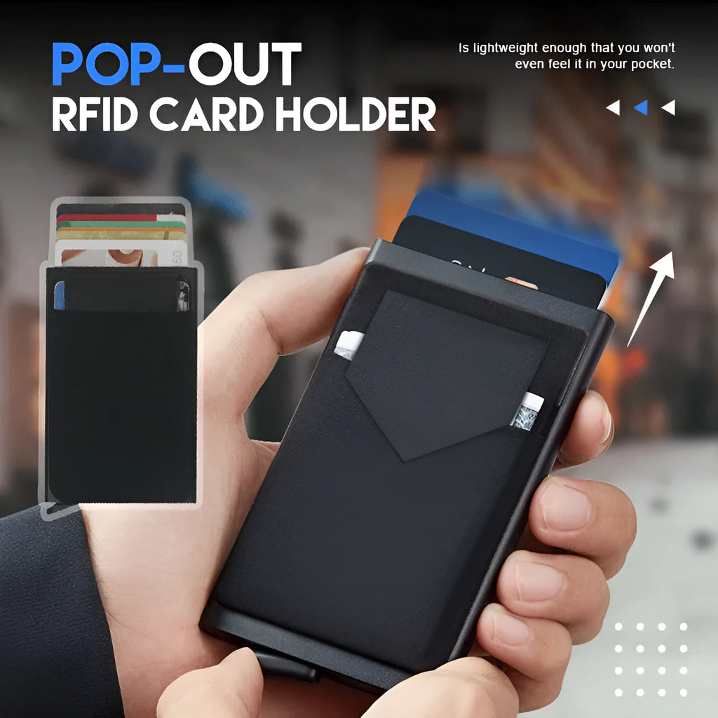 Slim aluminium metal credit card holder wallet with frosted finish shown in multiple colour options.