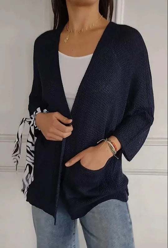 Women's waffle knit cardigan coat with nine-quarter sleeves in army green colour