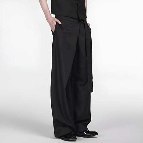 Black straight-leg trousers with a single pleat and adjustable waistband on a neutral background.