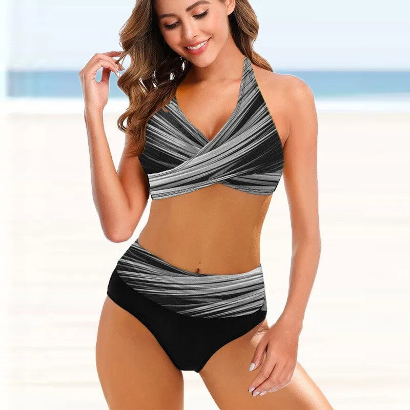 Ladies striped tie-dye hollow bikini set with high-waist briefs on model