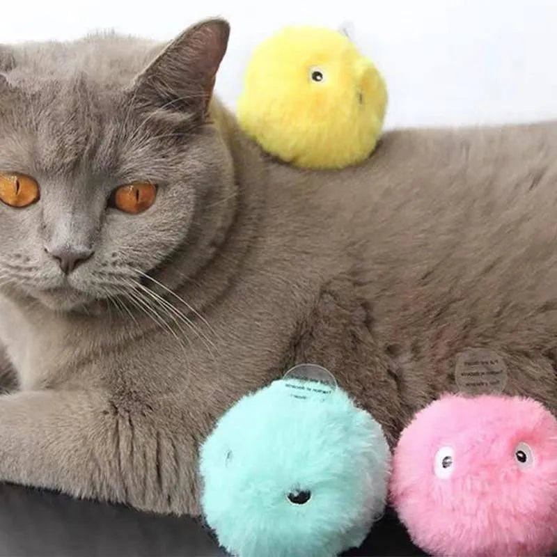 Interactive cat toy ball in blue, pink, and yellow colours with animal sound features