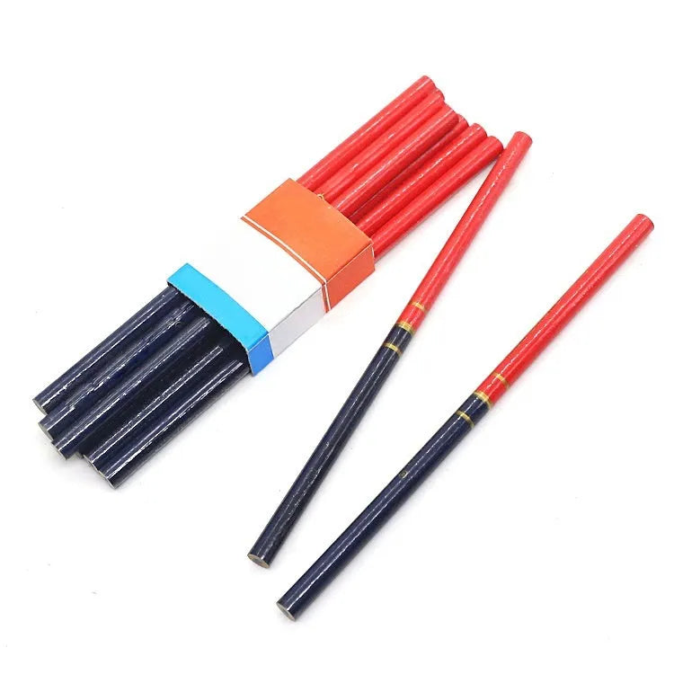 Set of ten red and blue round wooden carpenter's pencils for marking.