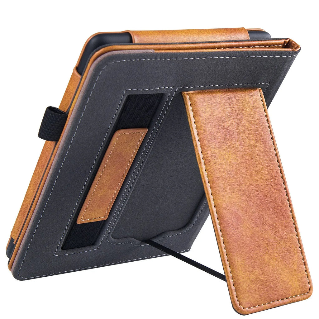 Kindle Paperwhite 5 leather case showing hand strap bracket and magnetic closure in a choice of colours and designs.