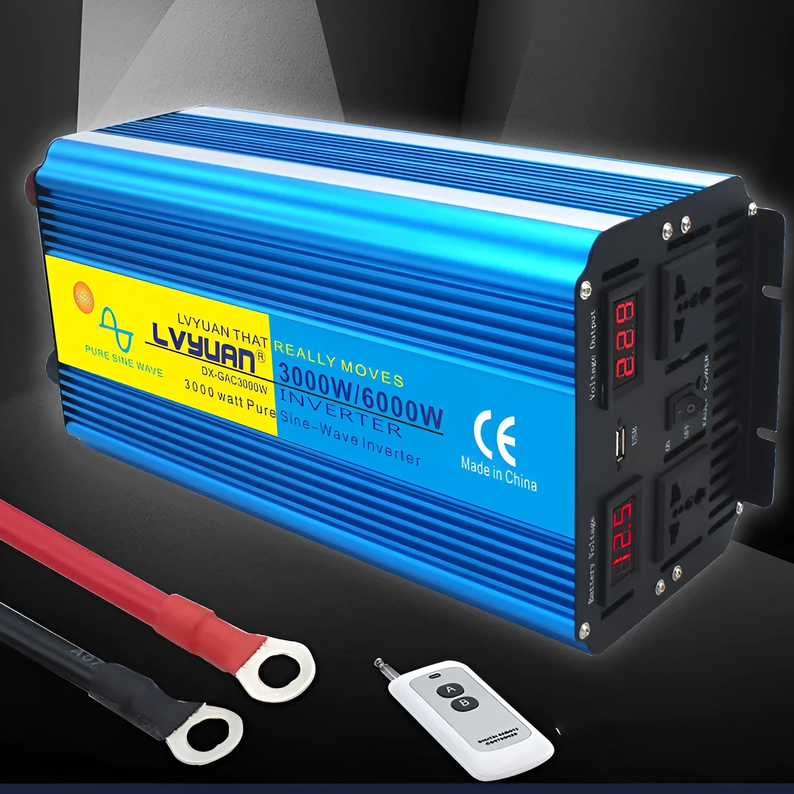Blue 3000W car power inverter with digital displays showing conversion from 12V/24V to 220V with remote control