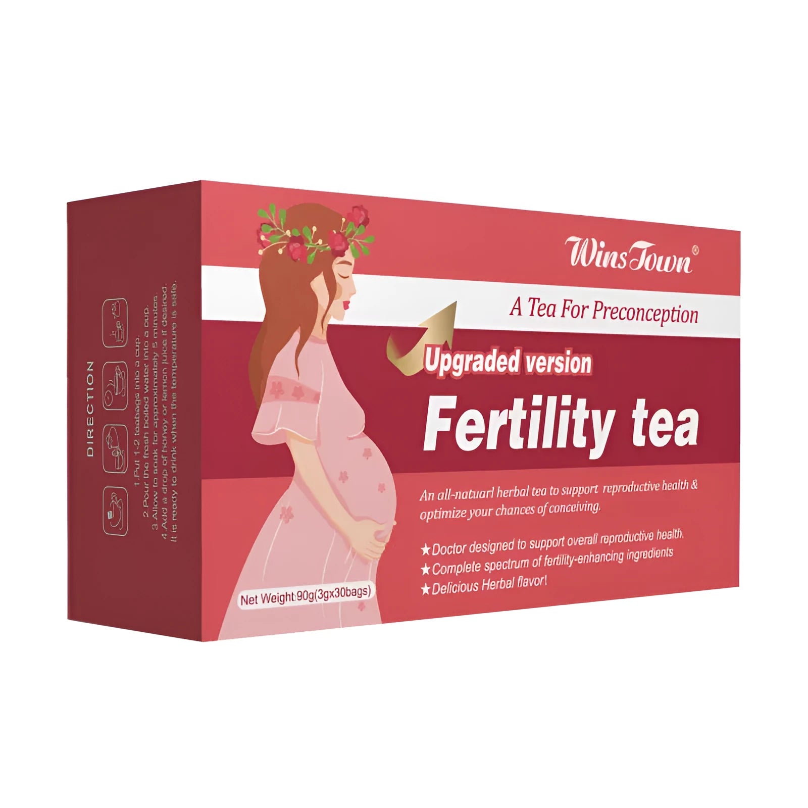 Three boxes of fertility health tea, each containing 30 individual tea bags for herbal supplementation.