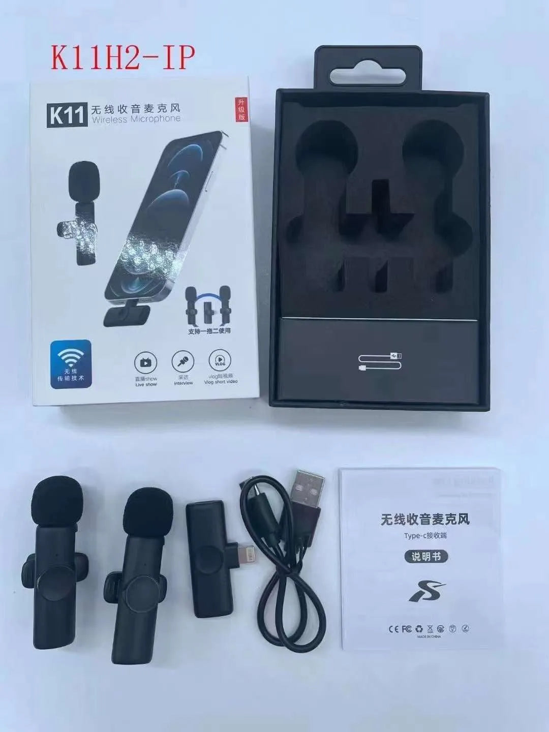 Wireless collar clip lavalier microphone with smartphone connector options for Type-C, Lightning, and 3.5mm jacks.