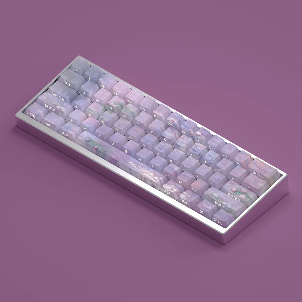 Wenshao Sleeping Lotus PBT key cap set showing side-carved transparent characters and complete 130-key layout