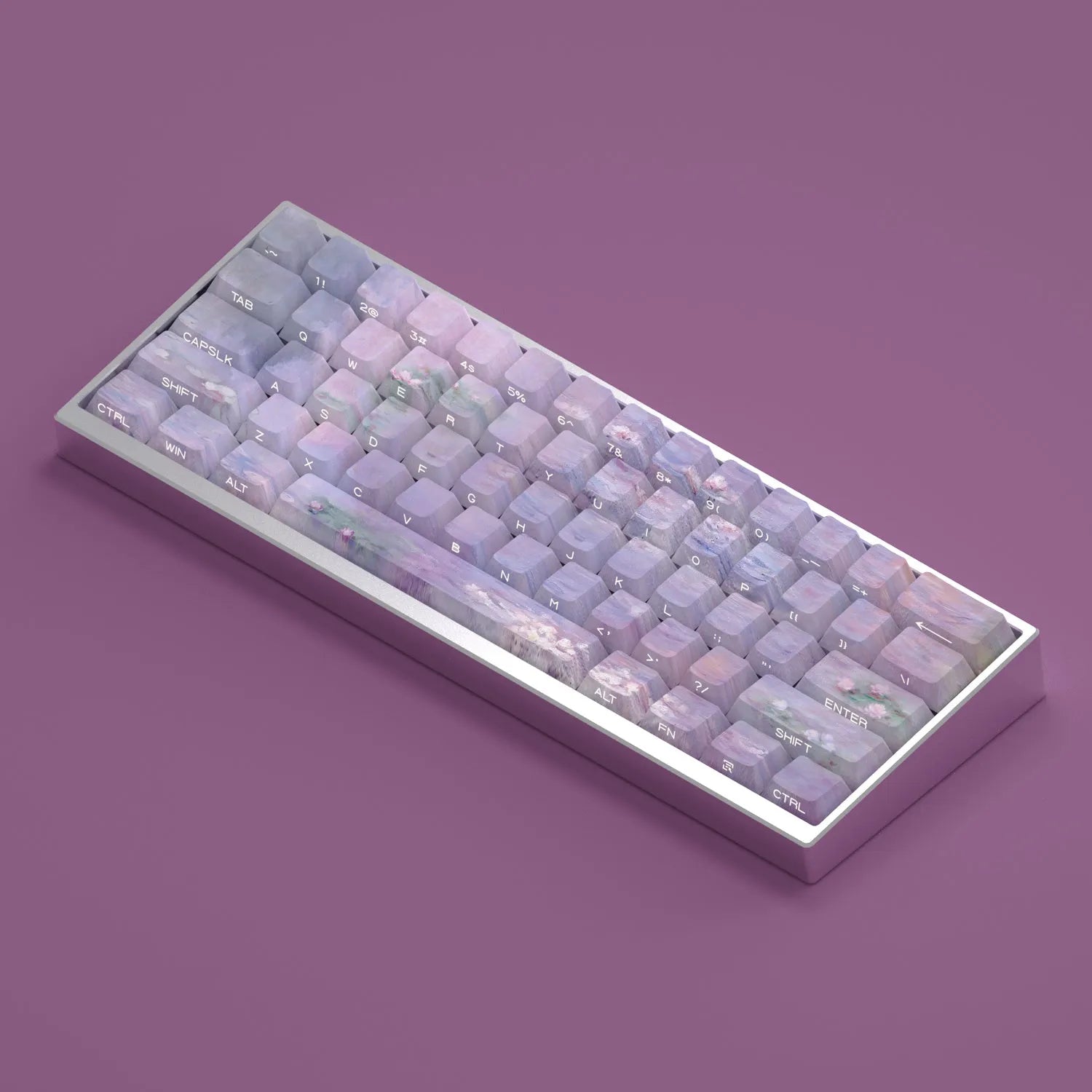 Wenshao Sleeping Lotus PBT key cap set showing side-carved transparent characters and complete 130-key layout