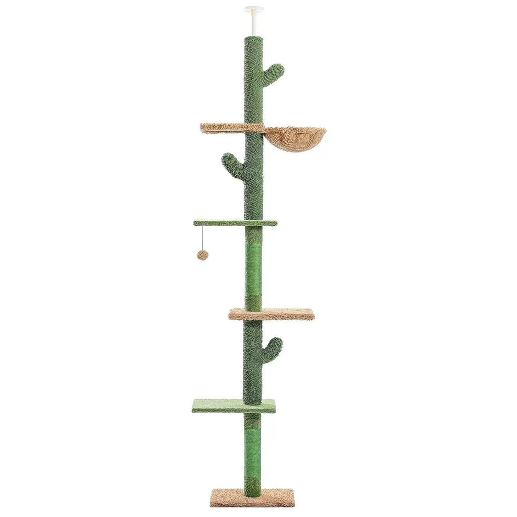 Solid wood cat climbing frame with integrated scratch board and cat nest measuring 240-260cm tall