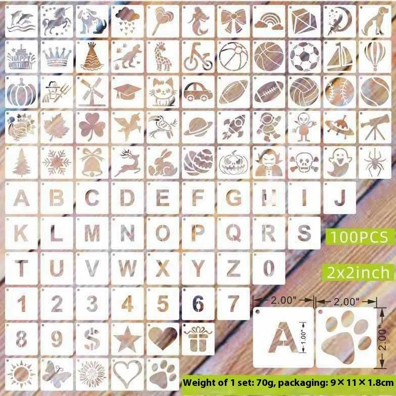 Milky white PET film hollow stencil sheets showing flower, animal, ocean, and letter designs for spray painting.