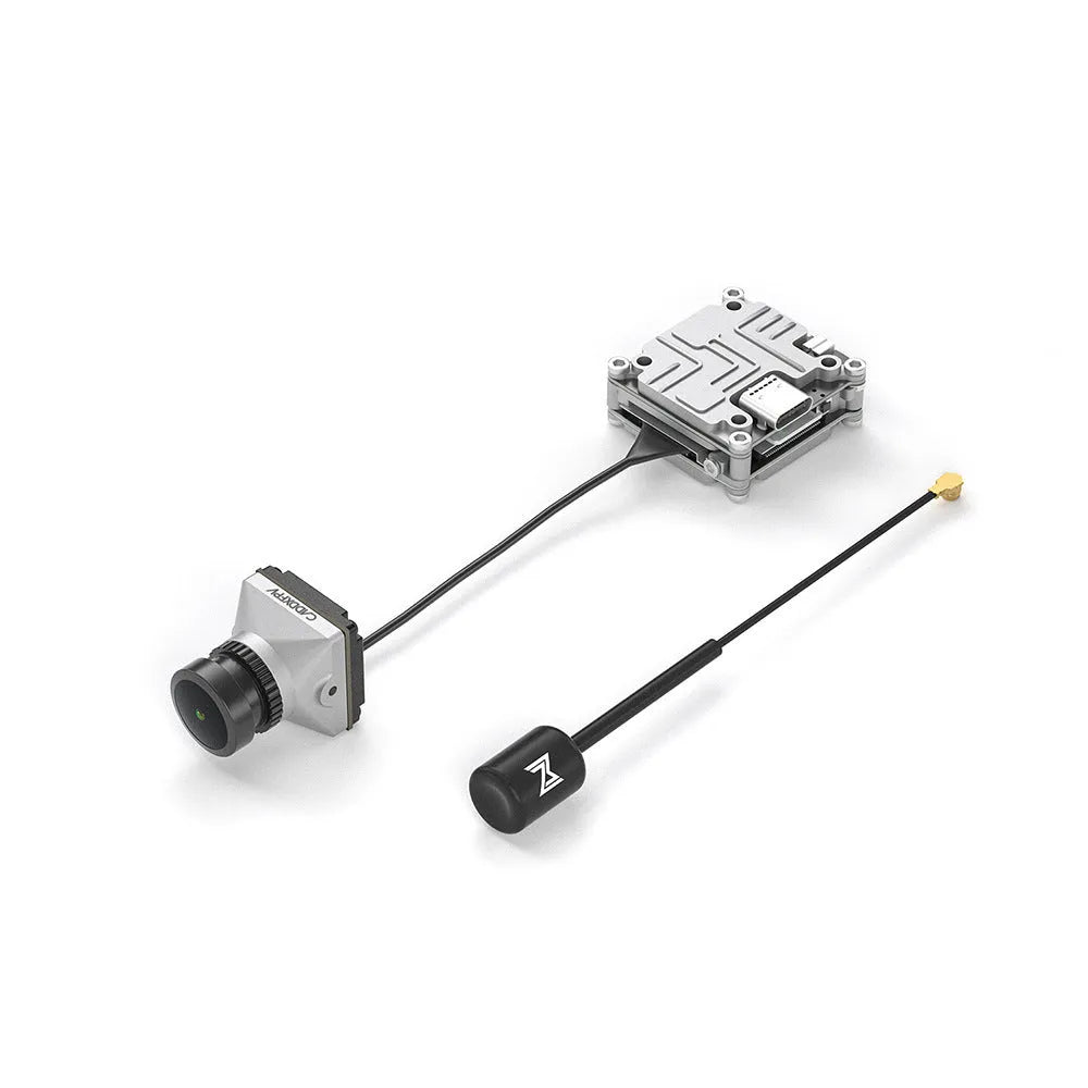 Silver Caddx ADAPTS digital video transmitter kit for DJI FPV drones with screws and cables.