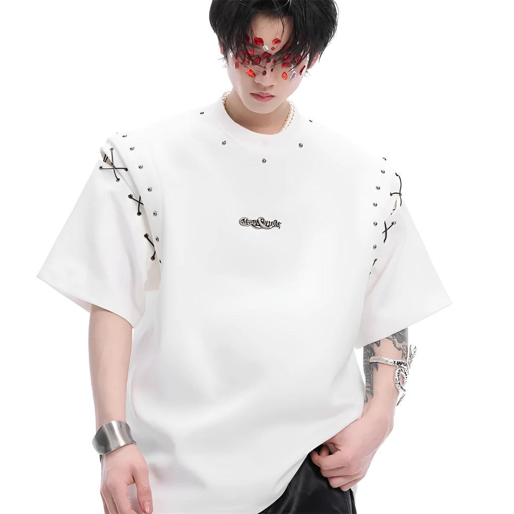 Women's short sleeve top with side lace-up detail and geometric cutouts in black colour