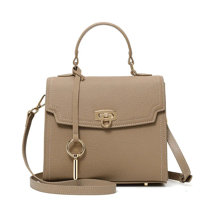Elephant grey genuine leather vintage lock handbag with square vertical shape and file compartment