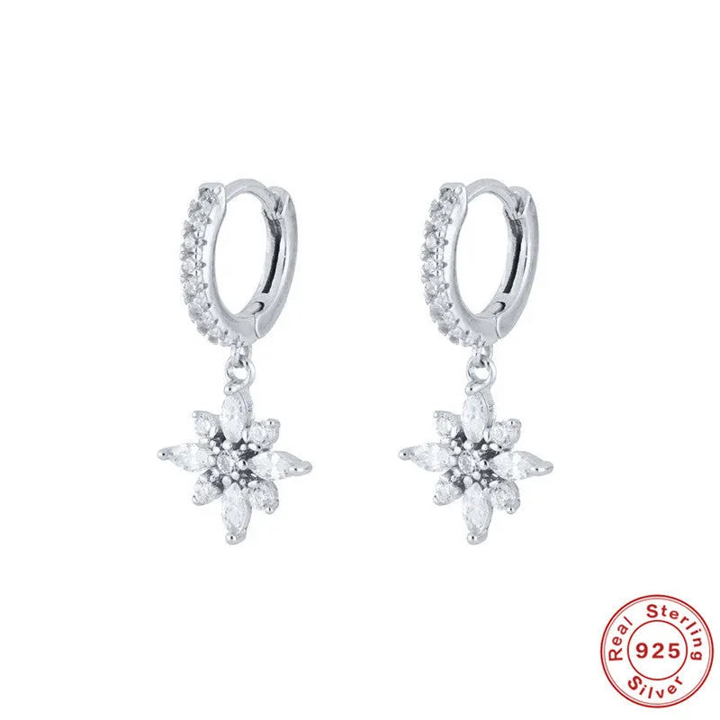 S925 sterling silver geometric snowflake earrings with gemstone inlays in gold colour options