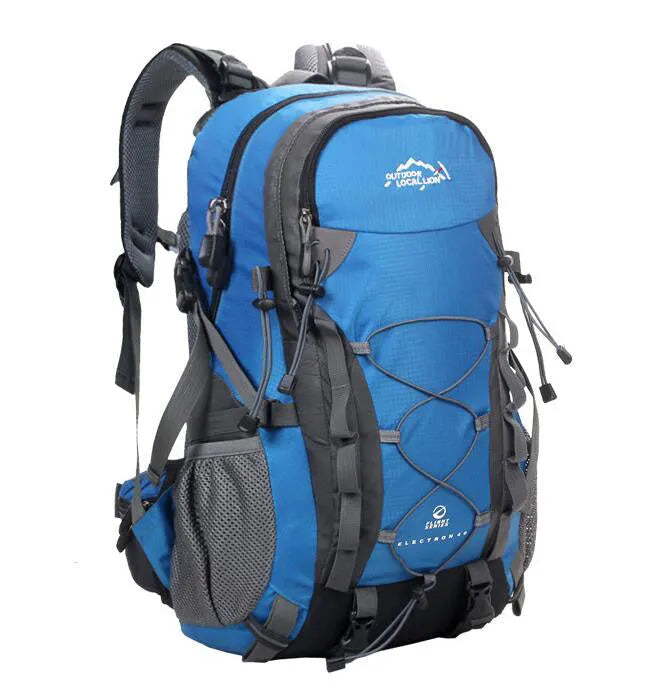 Green polyester outdoor sports backpack with 35L capacity for hiking and camping