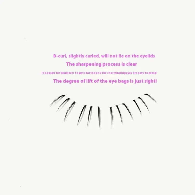 12-row segmented false eyelash strip with sheer roots and 4mm, 5mm, 6mm lengths in a pointed tail style.