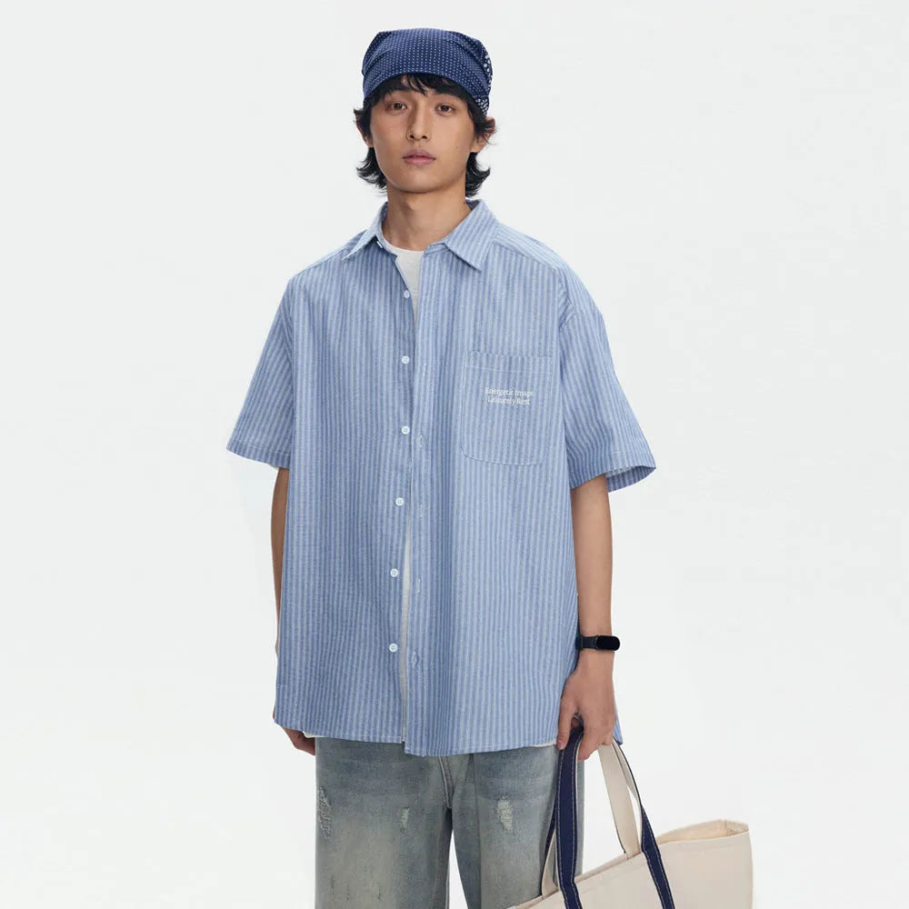 Blue striped short-sleeved overalls shirt with a loose cardigan fit
